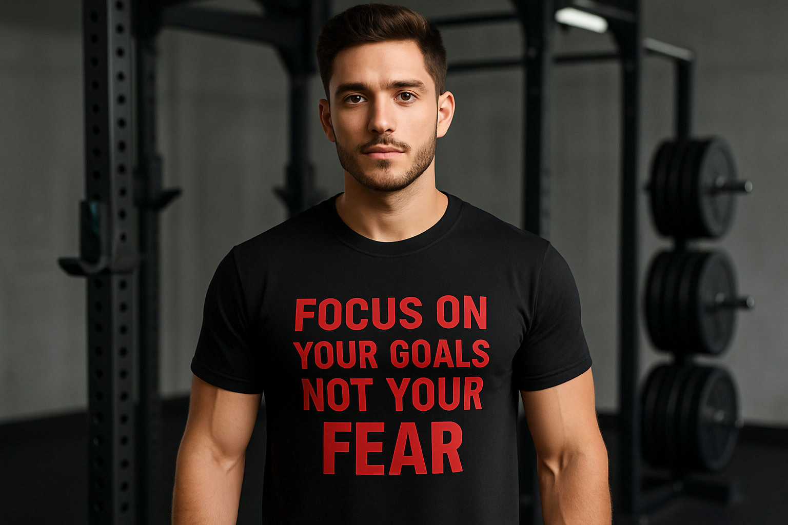Man in gym wearing motivational t-shirt