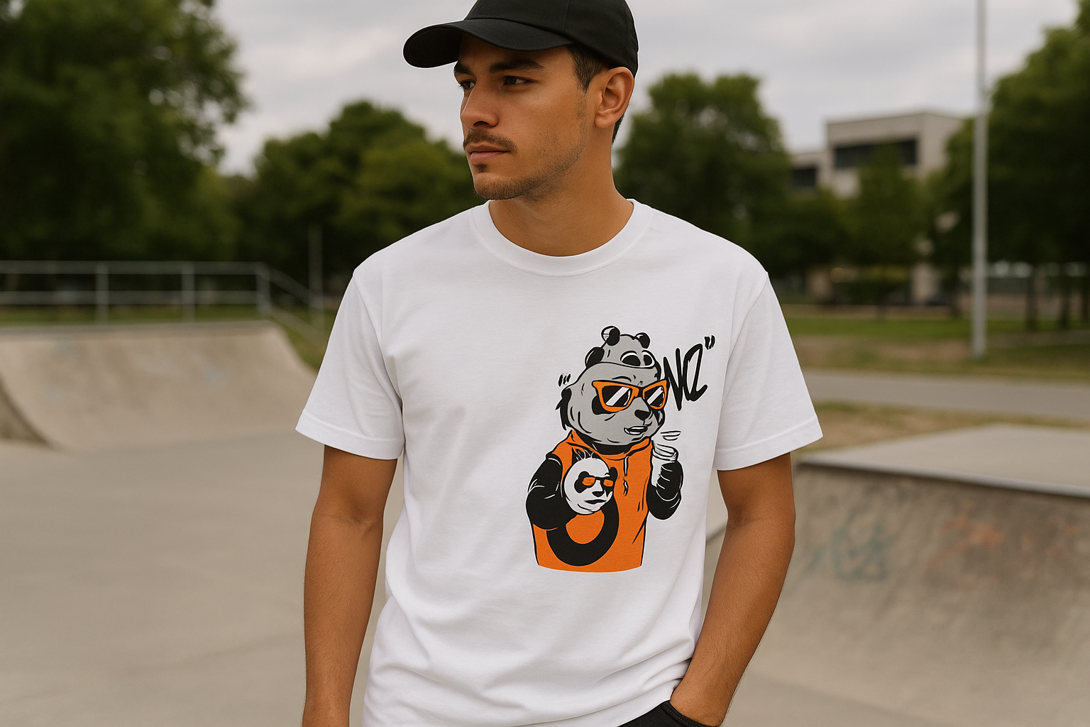 Man wearing panda t-shirt urban setting