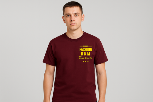 Person wearing burgundy t-shirt front view