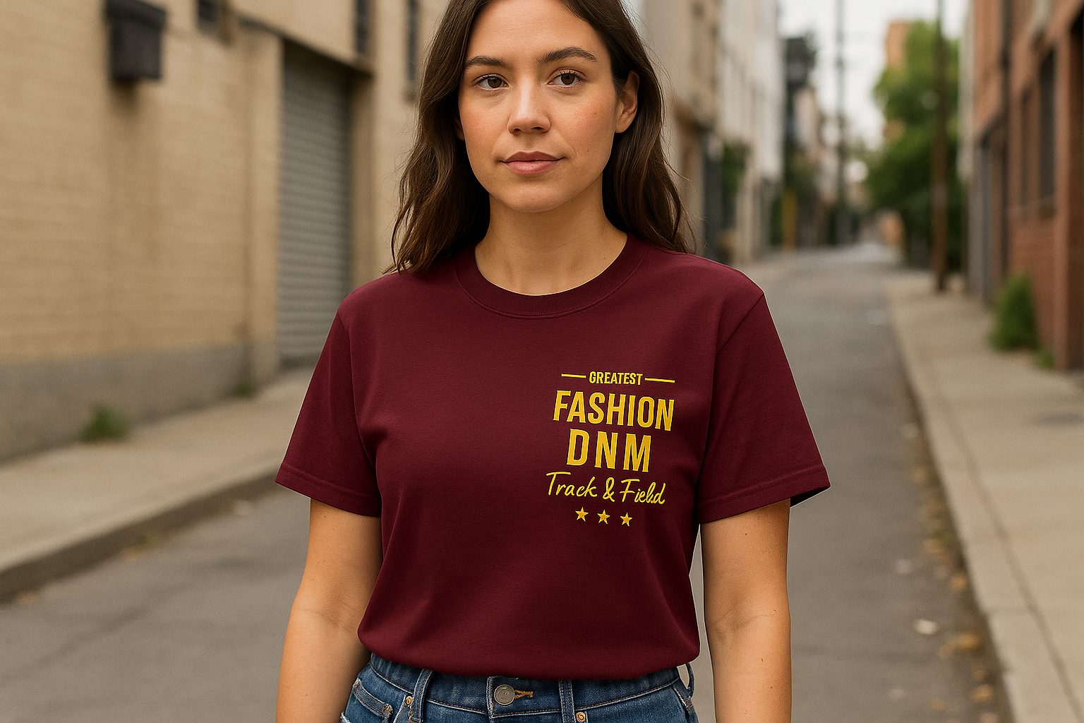Woman wearing burgundy t-shirt urban setting